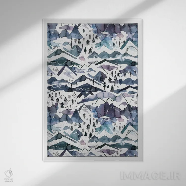 تابلو دکوراتیو کوه های آبرنگی آبی و ارغوانی اثر نینولا دیزاین - نمای قابدار سفید