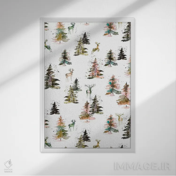 تابلو دکوراتیو گوزن های زمستانی جنگل روستایی اثر نینولا دیزاین - نمای قابدار سفید