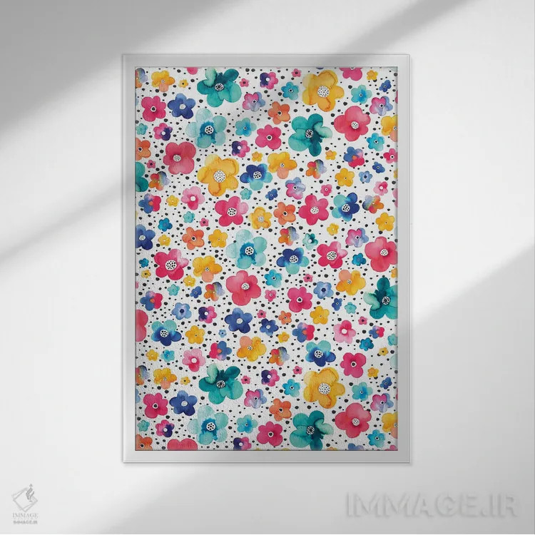 تابلو دکوراتیو نقطه و گل ساده چندرنگ اثر نینولا دیزاین - نمای قابدار سفید