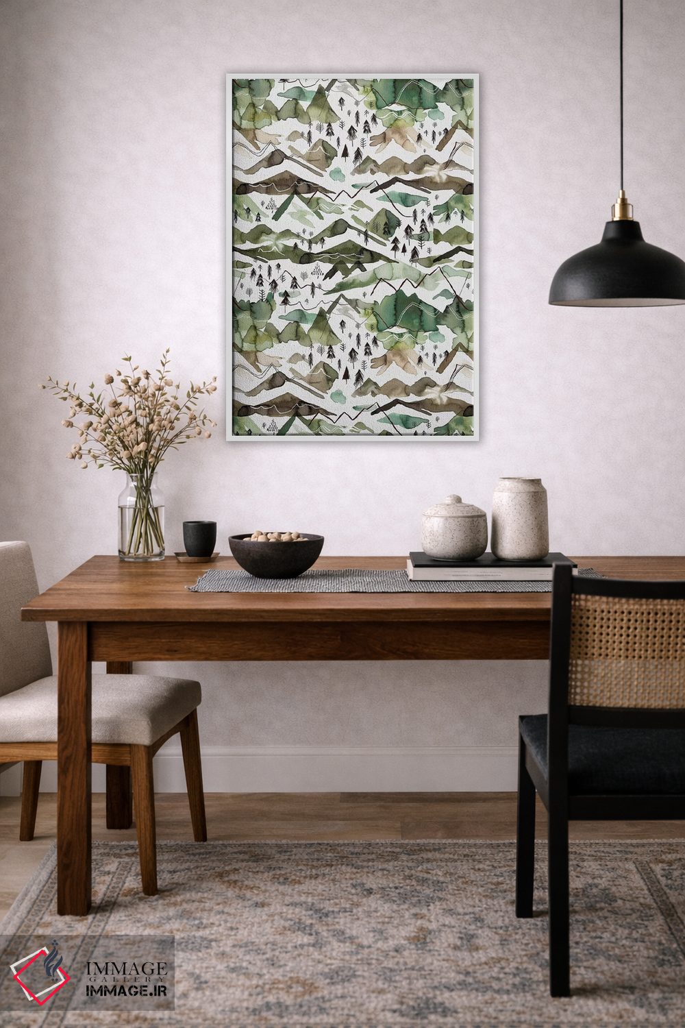تابلو دکوراتیو کوه های آبرنگی طلایی و سبز اثر نینولا دیزاین - D2W
