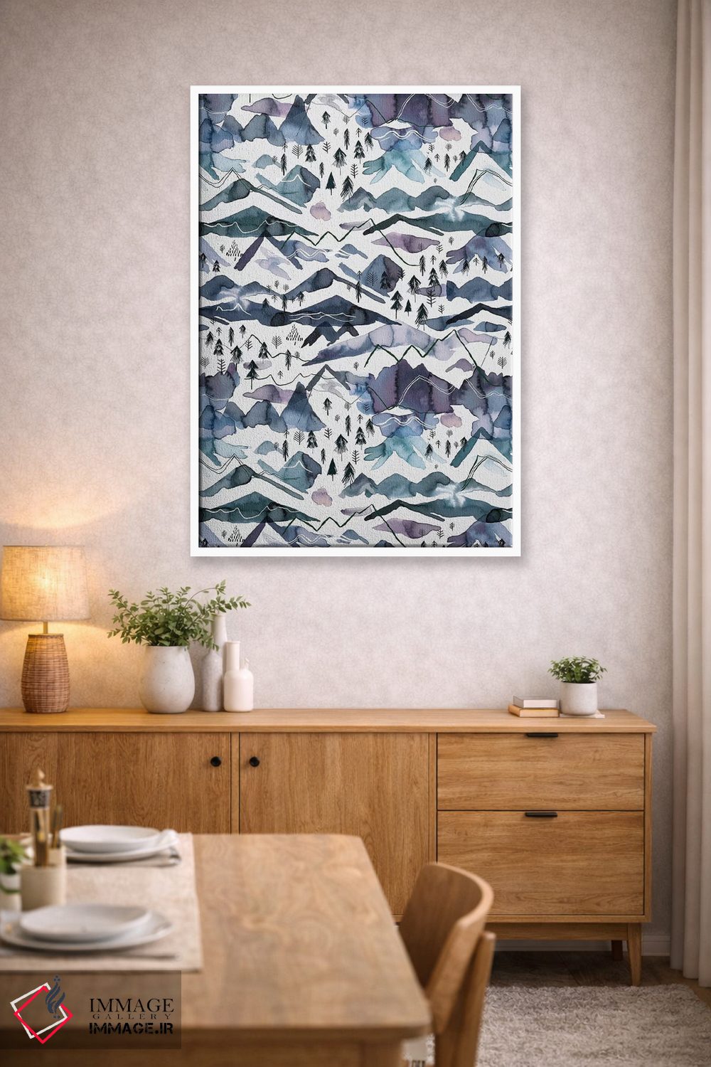 تابلو دکوراتیو کوه های آبرنگی آبی و ارغوانی اثر نینولا دیزاین - D5W