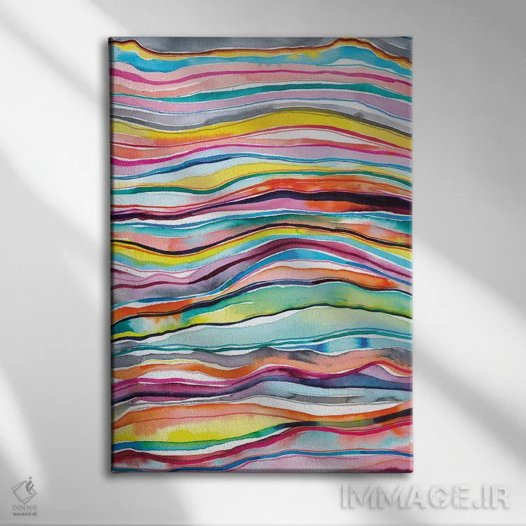 تابلو انتزاعی لایه های مرمر و عقیق معدنی آبرنگی رنگارنگ اثر نینولا دیزاین - نمای روبهرو روی دیوار