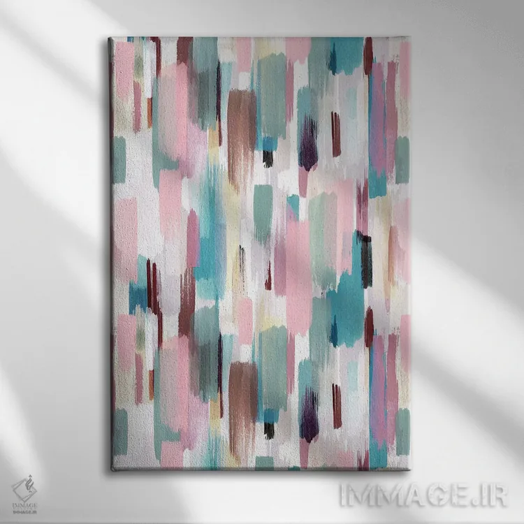 تابلو انتزاعی ضربه قلم های رنگی پاستلی اثر نینولا دیزاین - نمای روبهرو روی دیوار