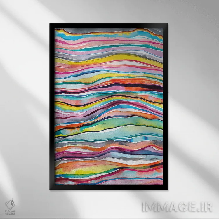 تابلو انتزاعی لایه های مرمر و عقیق معدنی آبرنگی رنگارنگ اثر نینولا دیزاین - نمای قابدار مشکی