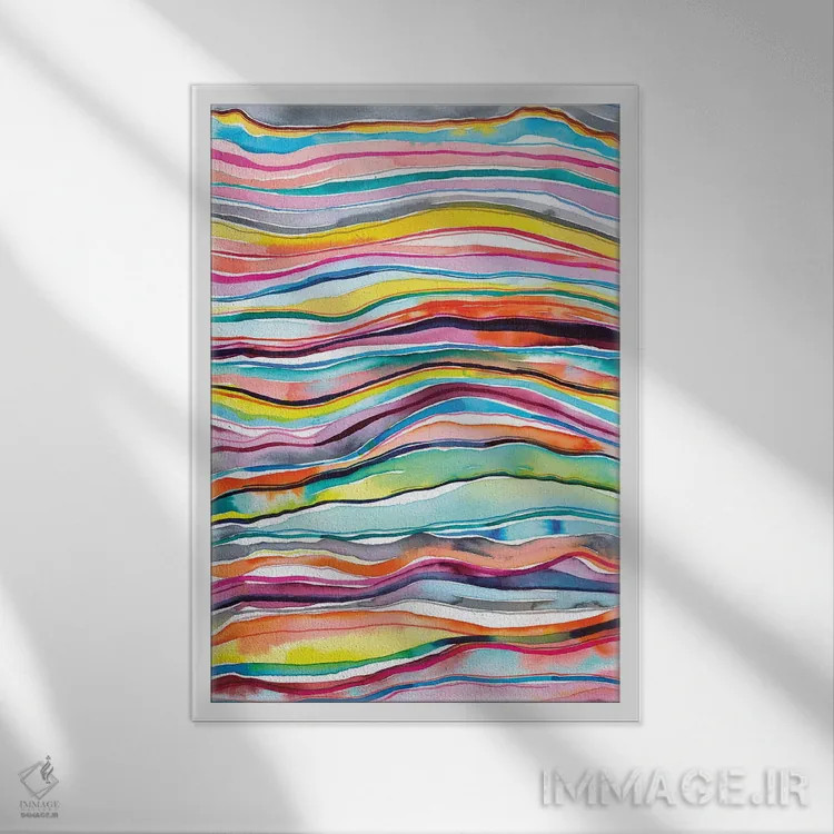 تابلو انتزاعی لایه های مرمر و عقیق معدنی آبرنگی رنگارنگ اثر نینولا دیزاین - نمای قابدار سفید