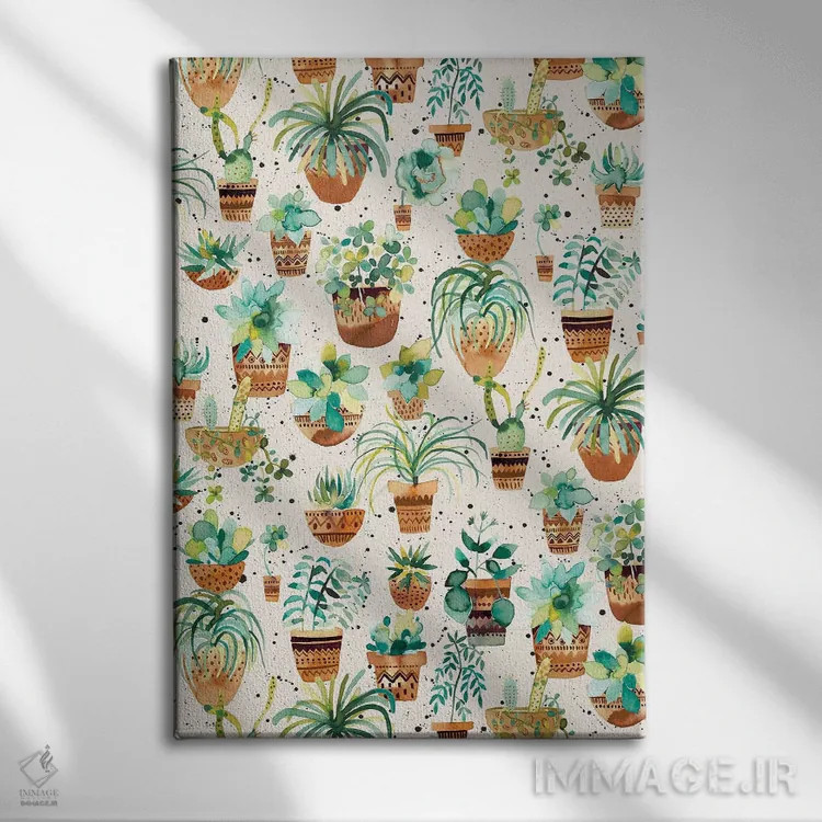 تابلو دکوراتیو گلدان های گیاهان گوشتی خانگی کرم رنگ اثر نینولا دیزاین - نمای روبهرو روی دیوار