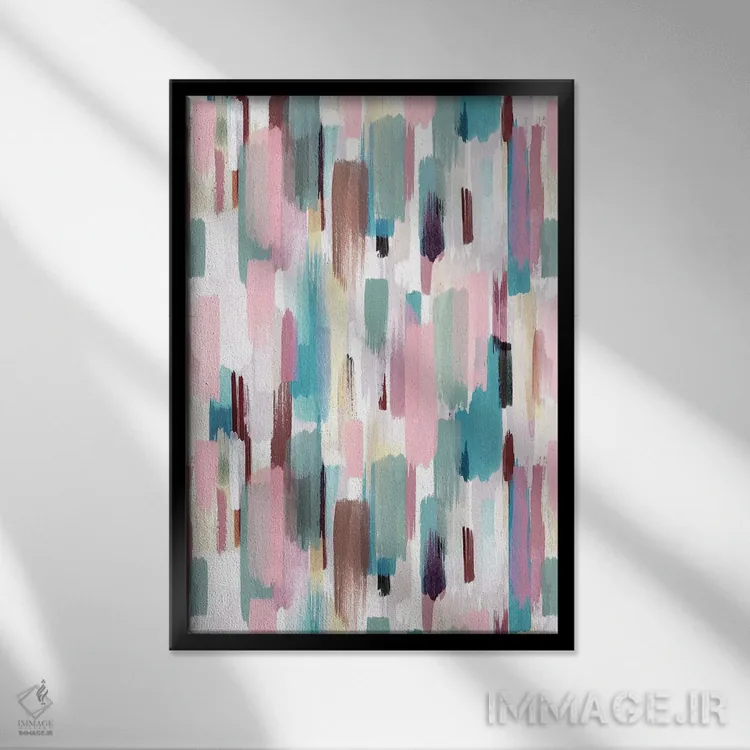 تابلو انتزاعی ضربه قلم های رنگی پاستلی اثر نینولا دیزاین - نمای قابدار مشکی