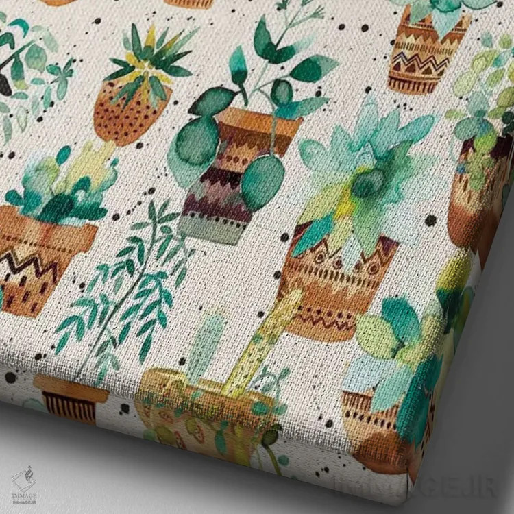 تابلو دکوراتیو گلدان های گیاهان گوشتی خانگی کرم رنگ اثر نینولا دیزاین - نمای نزدیک بافت بوم