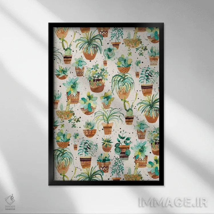 تابلو دکوراتیو گلدان های گیاهان گوشتی خانگی کرم رنگ اثر نینولا دیزاین - نمای قابدار مشکی