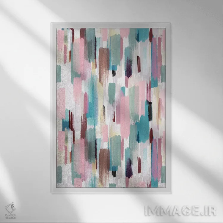 تابلو انتزاعی ضربه قلم های رنگی پاستلی اثر نینولا دیزاین - نمای قابدار سفید