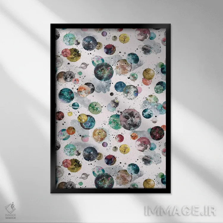 تابلو دکوراتیو سیارات و ستارگان کیهانی رنگارنگ اثر نینولا دیزاین - نمای قابدار مشکی