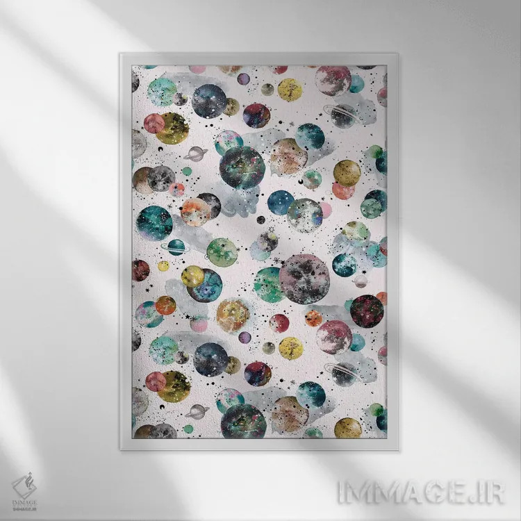 تابلو دکوراتیو سیارات و ستارگان کیهانی رنگارنگ اثر نینولا دیزاین - نمای قابدار سفید