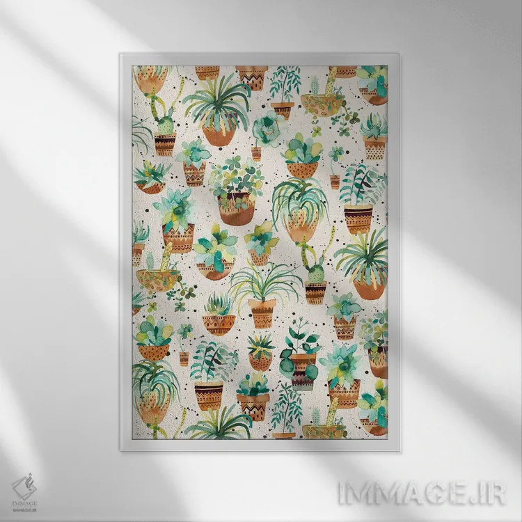 تابلو دکوراتیو گلدان های گیاهان گوشتی خانگی کرم رنگ اثر نینولا دیزاین - نمای قابدار سفید
