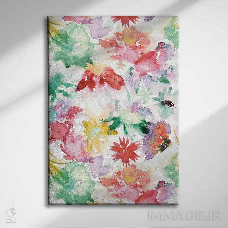 تابلو دکوراتیو گل های بزرگ آبرنگی رنگارنگ اثر نینولا دیزاین - نمای روبهرو روی دیوار