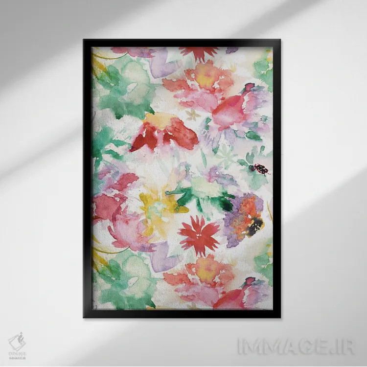 تابلو دکوراتیو گل های بزرگ آبرنگی رنگارنگ اثر نینولا دیزاین - نمای قابدار مشکی