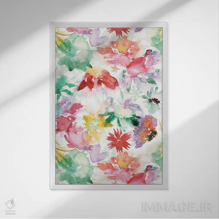 تابلو دکوراتیو گل های بزرگ آبرنگی رنگارنگ اثر نینولا دیزاین - نمای قابدار سفید