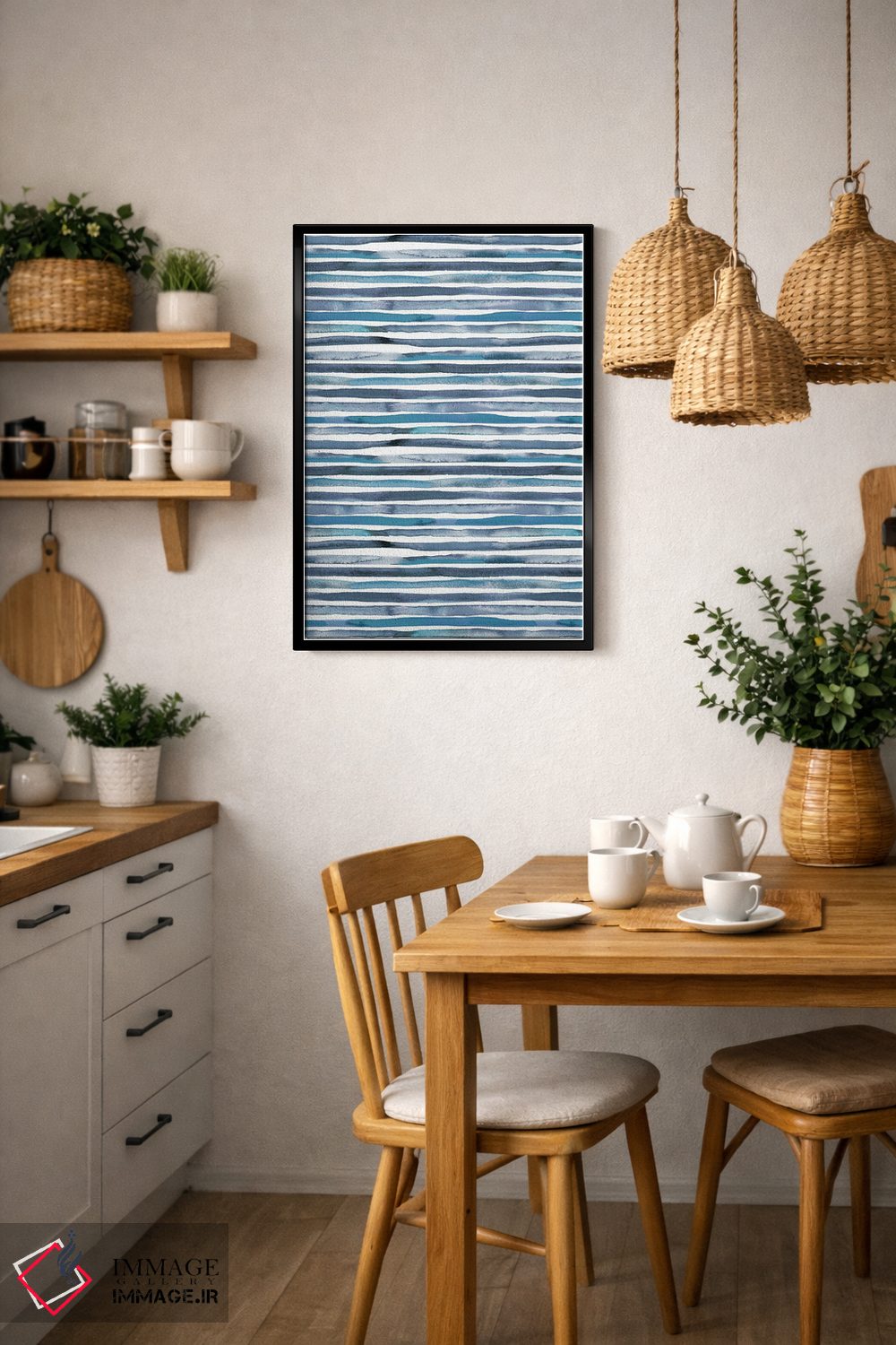 تابلو انتزاعی راه راه های آبرنگی آبی اثر نینولا دیزاین - D6B