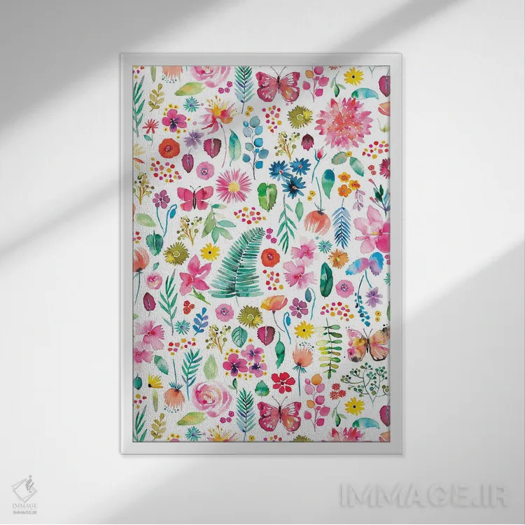 تابلو دکوراتیو گل ها و گیاهان جنگلی رنگارنگ اثر نینولا دیزاین - نمای قابدار سفید