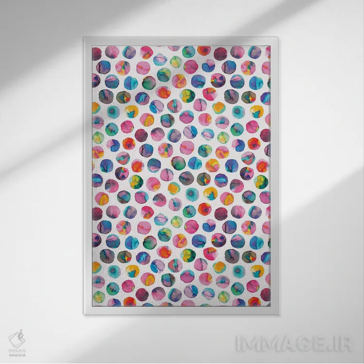 تابلو دکوراتیو مرمرهای رنگی مرکب نقطه ای چندرنگ اثر نینولا دیزاین - نمای قابدار سفید