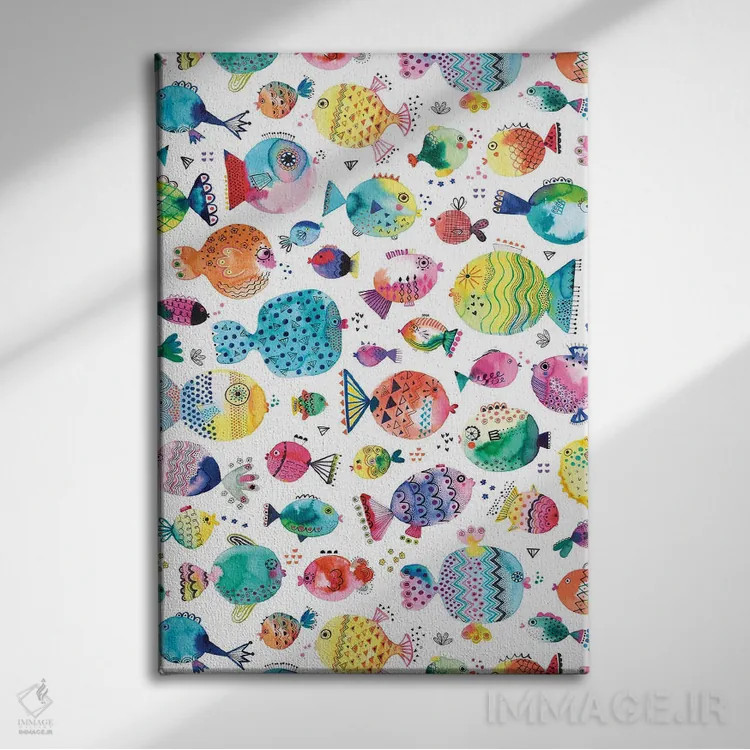 تابلو دکوراتیو ماهی های بادکنکی بامزه با آبرنگ چندرنگ اثر نینولا دیزاین - نمای روبهرو روی دیوار