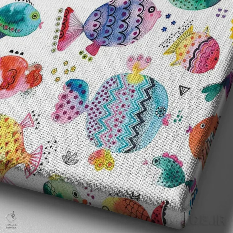 تابلو دکوراتیو ماهی های بادکنکی بامزه با آبرنگ چندرنگ اثر نینولا دیزاین - نمای نزدیک بافت بوم