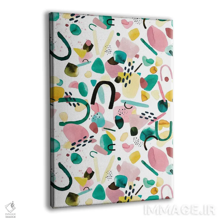 تابلو انتزاعی قطعات هندسی آبرنگی سبز و صورتی اثر نینولا دیزاین - نمای پرسپکتیو محصول