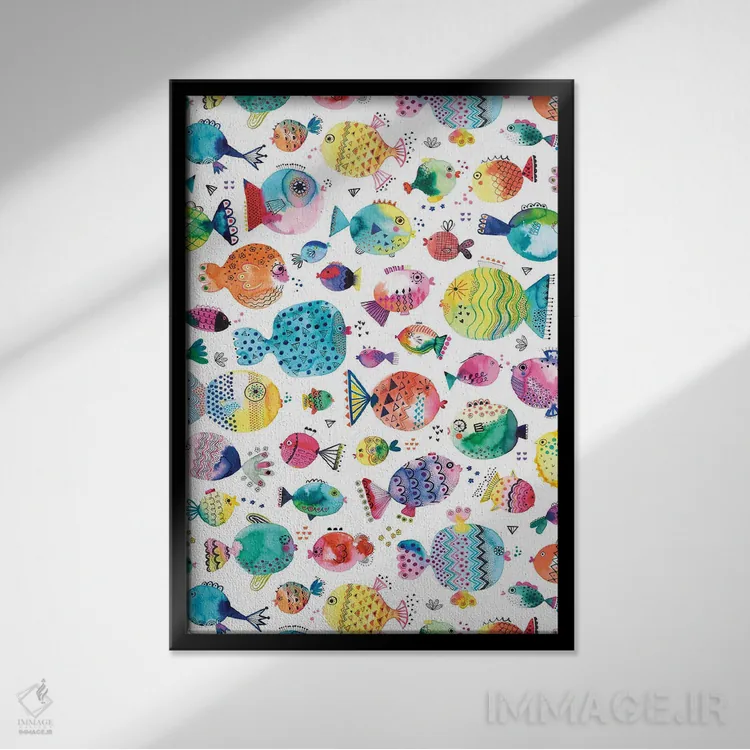 تابلو دکوراتیو ماهی های بادکنکی بامزه با آبرنگ چندرنگ اثر نینولا دیزاین - نمای قابدار مشکی