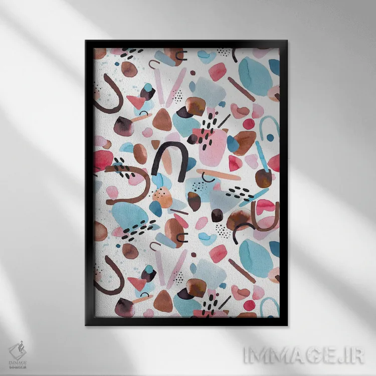 تابلو انتزاعی قطعات هندسی آبرنگی آبی و صورتی اثر نینولا دیزاین - نمای قابدار مشکی