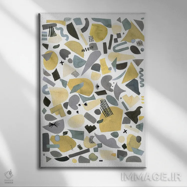 تابلو انتزاعی قطعات هندسی نقره ای و طلایی اثر نینولا دیزاین - نمای روبهرو روی دیوار