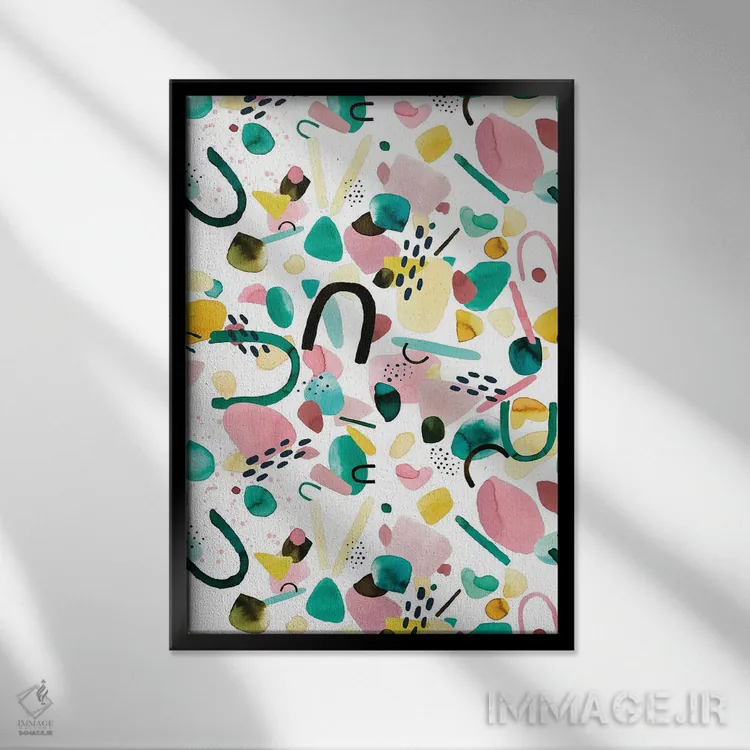 تابلو انتزاعی قطعات هندسی آبرنگی سبز و صورتی اثر نینولا دیزاین - نمای قابدار مشکی