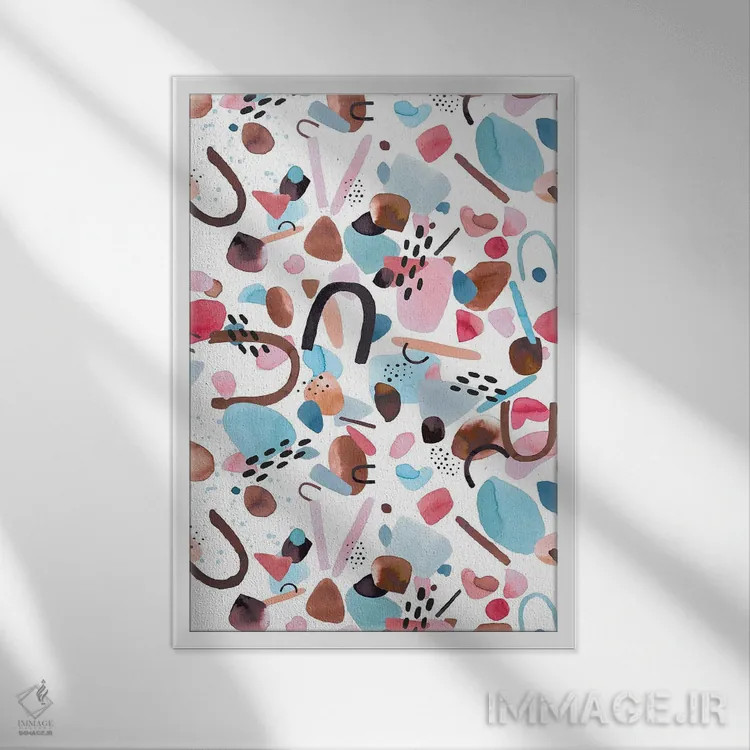 تابلو انتزاعی قطعات هندسی آبرنگی آبی و صورتی اثر نینولا دیزاین - نمای قابدار سفید
