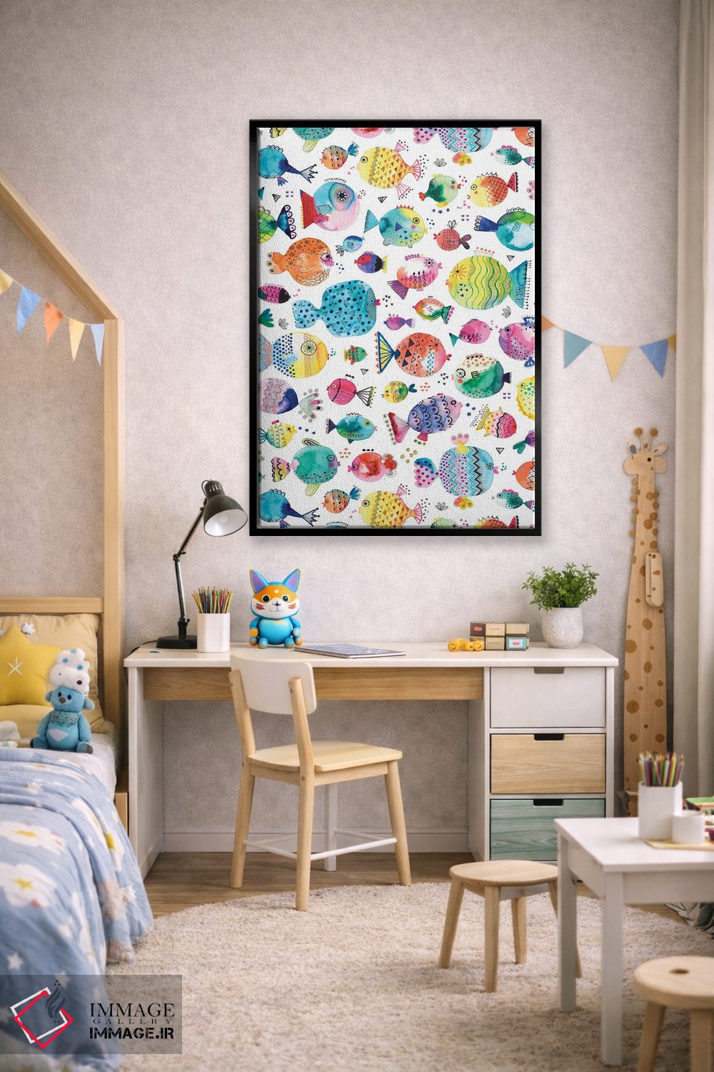 تابلو دکوراتیو ماهی های بادکنکی بامزه با آبرنگ چندرنگ اثر نینولا دیزاین - D2B