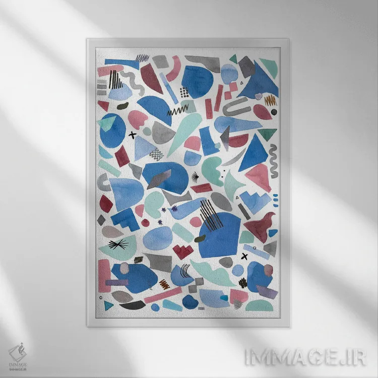 تابلو انتزاعی قطعات هندسی آبی و صورتی اثر نینولا دیزاین - نمای قابدار سفید