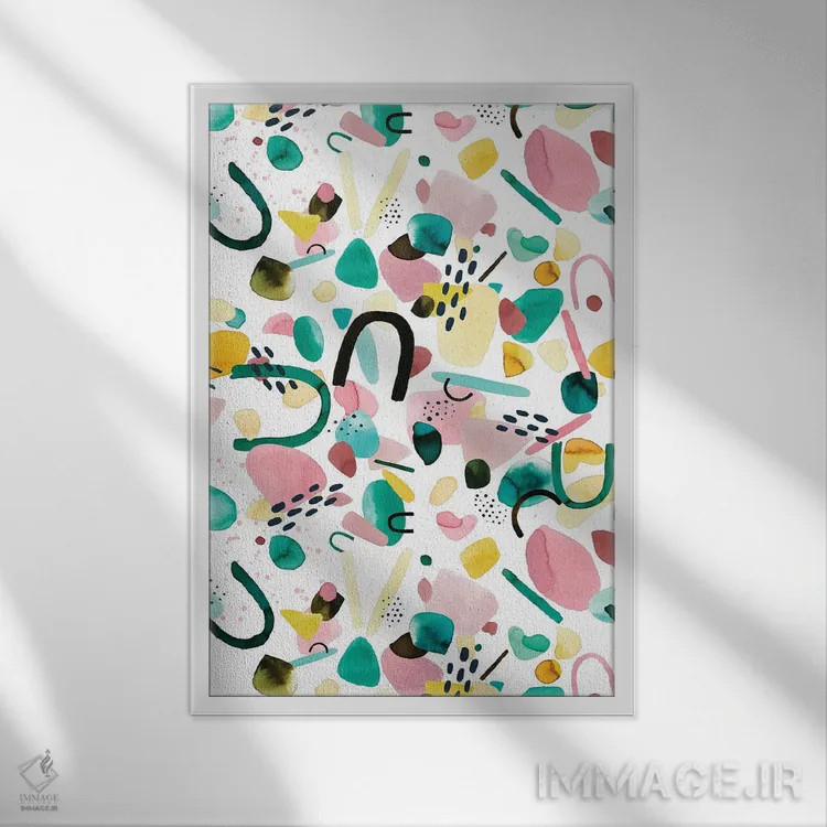 تابلو انتزاعی قطعات هندسی آبرنگی سبز و صورتی اثر نینولا دیزاین - نمای قابدار سفید