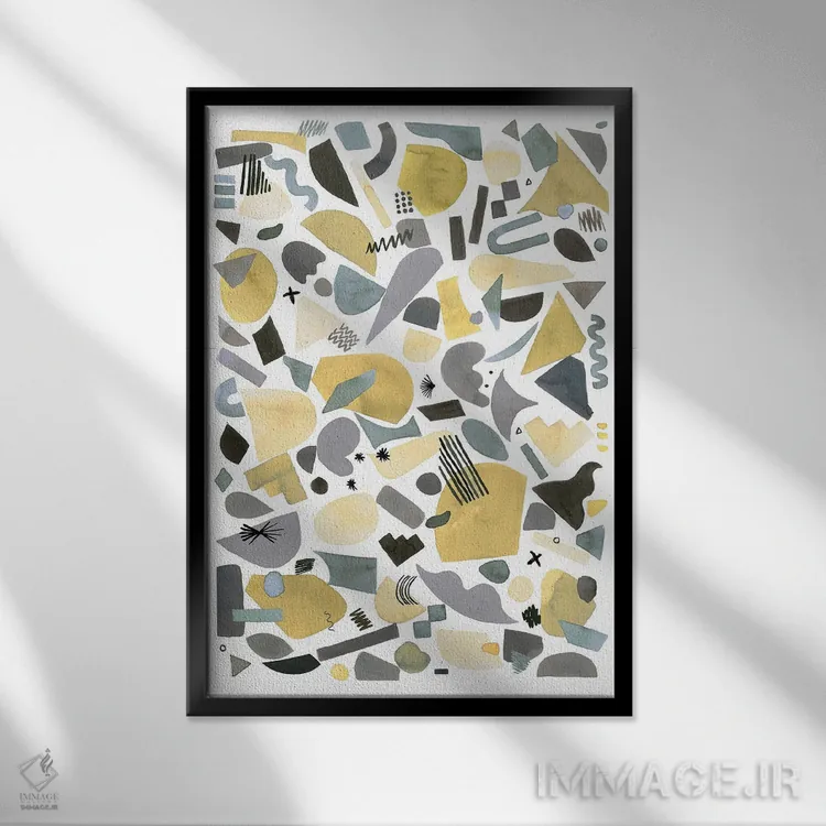 تابلو انتزاعی قطعات هندسی نقره ای و طلایی اثر نینولا دیزاین - نمای قابدار مشکی