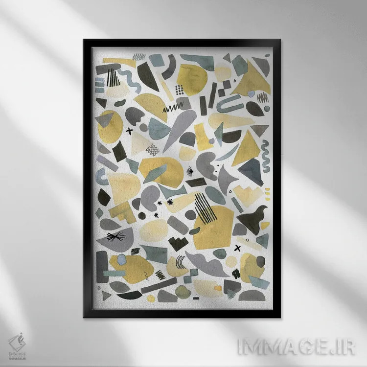 تابلو انتزاعی قطعات هندسی نقره ای و طلایی اثر نینولا دیزاین - نمای قابدار مشکی