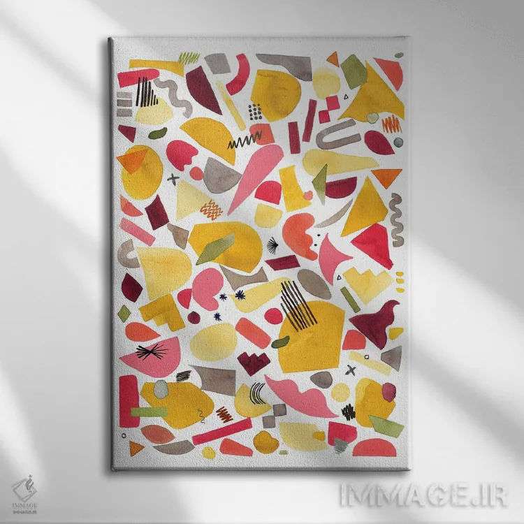 تابلو انتزاعی قطعات هندسی قرمز و زرد اثر نینولا دیزاین - نمای روبهرو روی دیوار