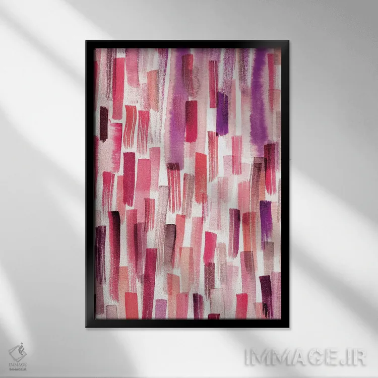 تابلو انتزاعی ضربه قلم های رنگی مرجانی اثر نینولا دیزاین - نمای قابدار مشکی