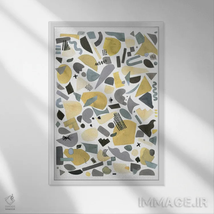 تابلو انتزاعی قطعات هندسی نقره ای و طلایی اثر نینولا دیزاین - نمای قابدار سفید