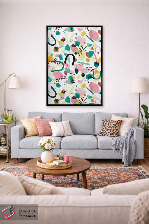 تابلو انتزاعی قطعات هندسی آبرنگی سبز و صورتی اثر نینولا دیزاین - D1B