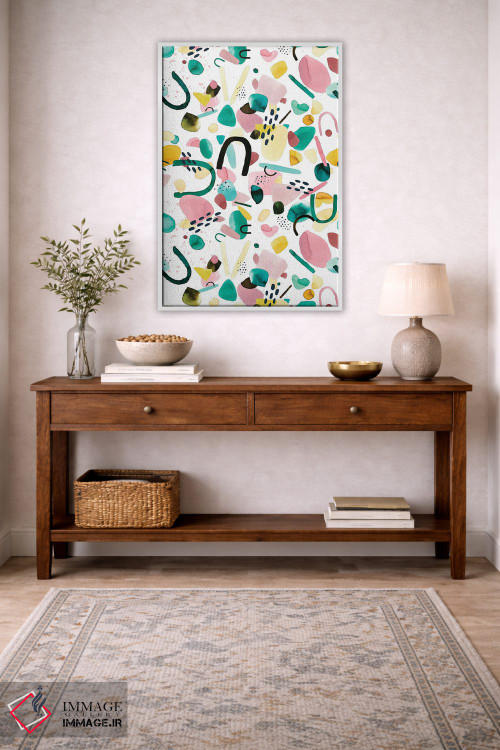 تابلو انتزاعی قطعات هندسی آبرنگی سبز و صورتی اثر نینولا دیزاین - D3W