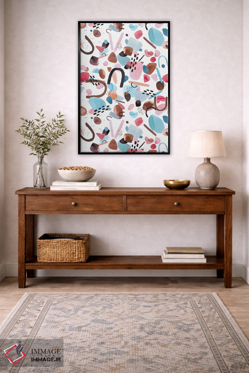 تابلو انتزاعی قطعات هندسی آبرنگی آبی و صورتی اثر نینولا دیزاین - D4B