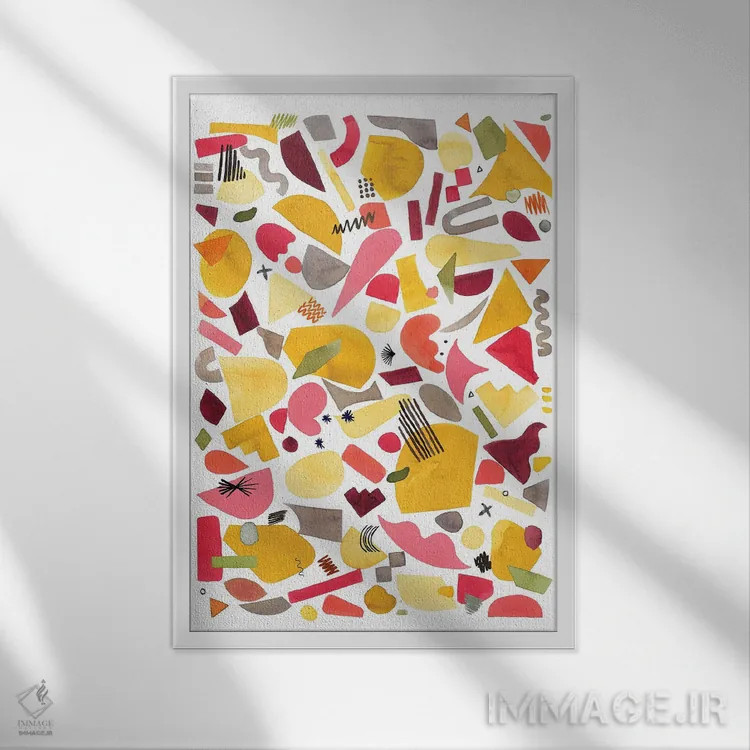 تابلو انتزاعی قطعات هندسی قرمز و زرد اثر نینولا دیزاین - نمای قابدار سفید