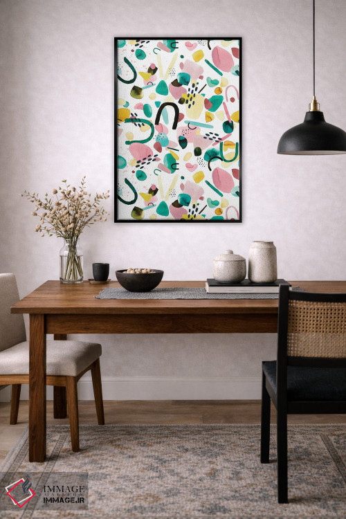 تابلو انتزاعی قطعات هندسی آبرنگی سبز و صورتی اثر نینولا دیزاین - D6B