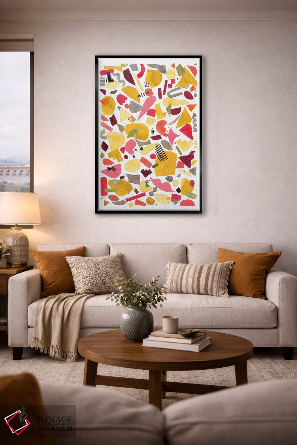 تابلو انتزاعی قطعات هندسی قرمز و زرد اثر نینولا دیزاین - D3B