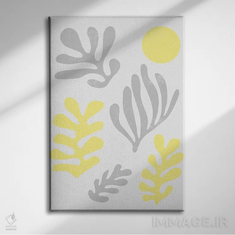 تابلو انتزاعی برگ های ماتیس زرد درخشان اثر نینولا دیزاین - نمای روبهرو روی دیوار