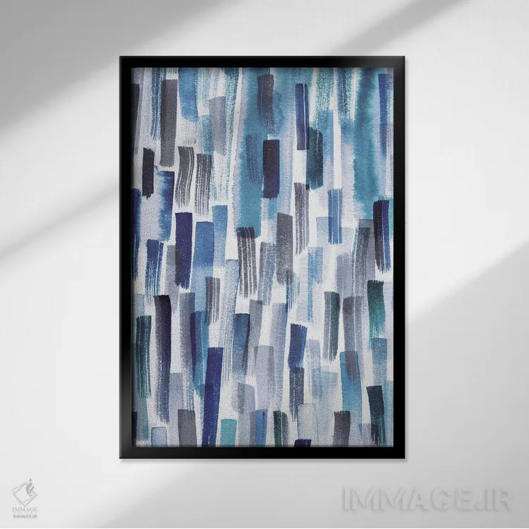 تابلو انتزاعی ضربه قلم های رنگی نیلی اثر نینولا دیزاین - نمای قابدار مشکی