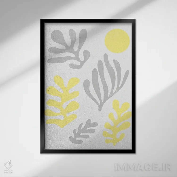 تابلو انتزاعی برگ های ماتیس زرد درخشان اثر نینولا دیزاین - نمای قابدار مشکی