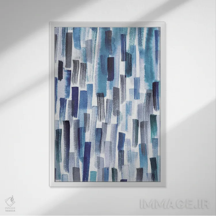 تابلو انتزاعی ضربه قلم های رنگی نیلی اثر نینولا دیزاین - نمای قابدار سفید