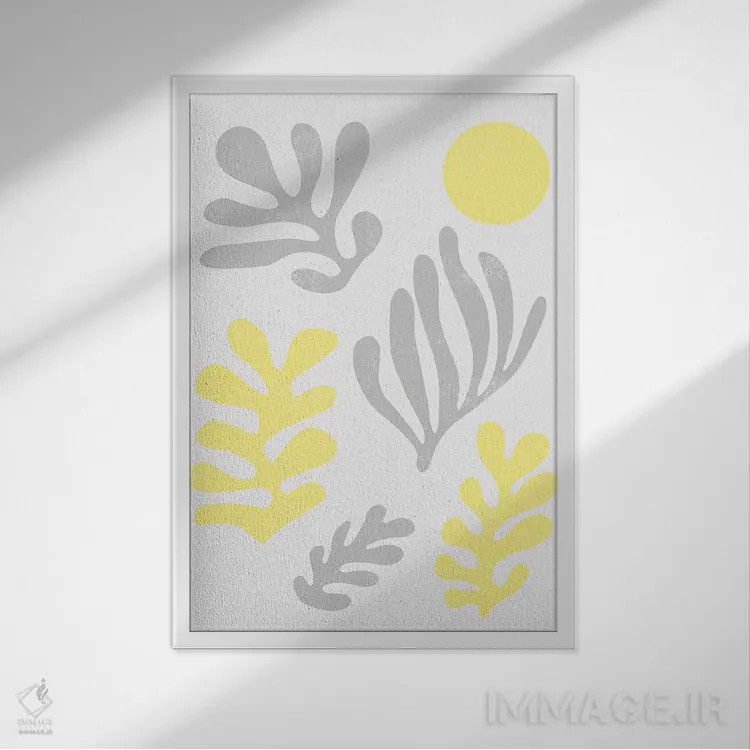 تابلو انتزاعی برگ های ماتیس زرد درخشان اثر نینولا دیزاین - نمای قابدار سفید